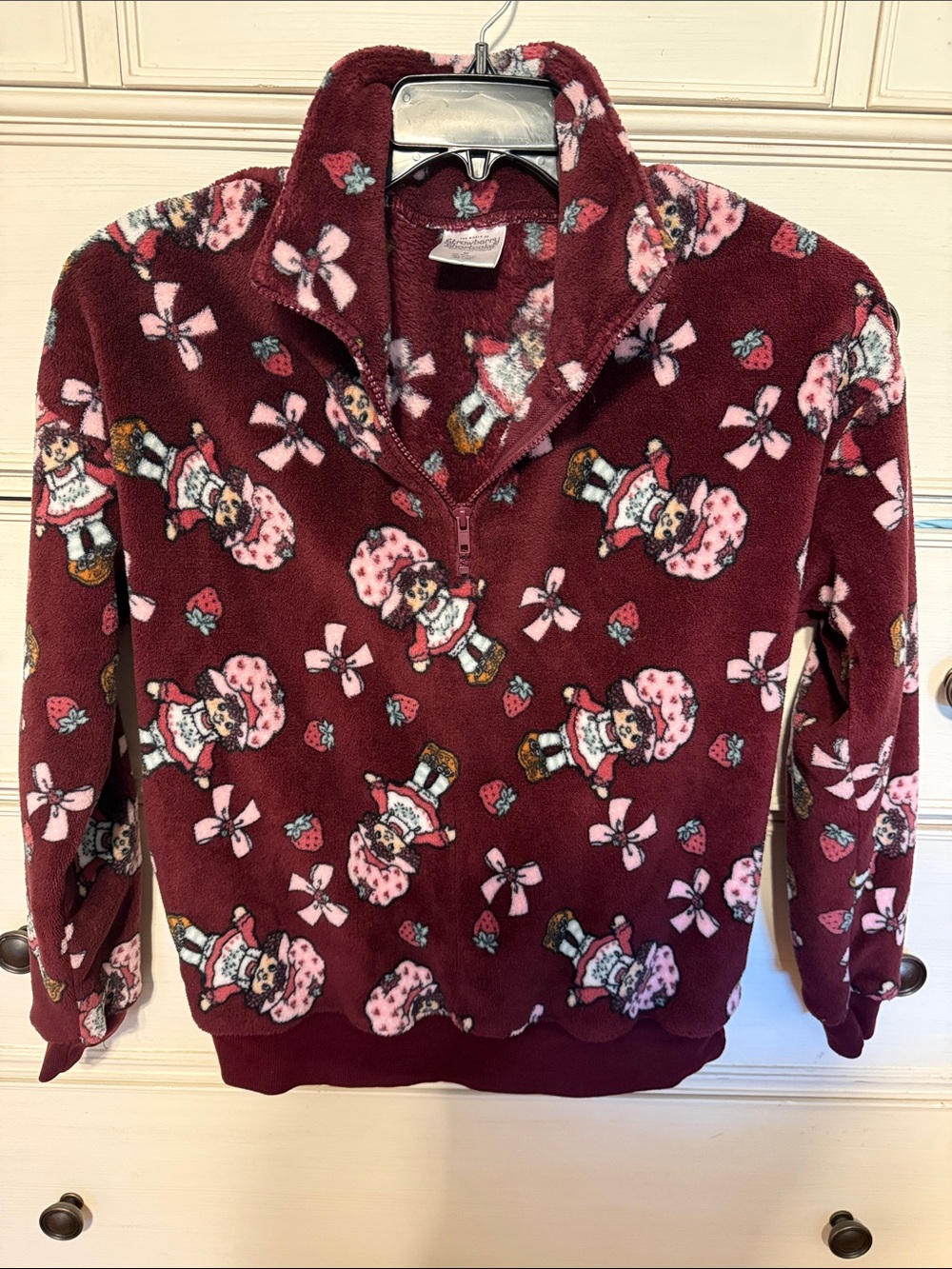 Burgundy Half-Zip Fleece Pullover Sweater with Pink Character Print